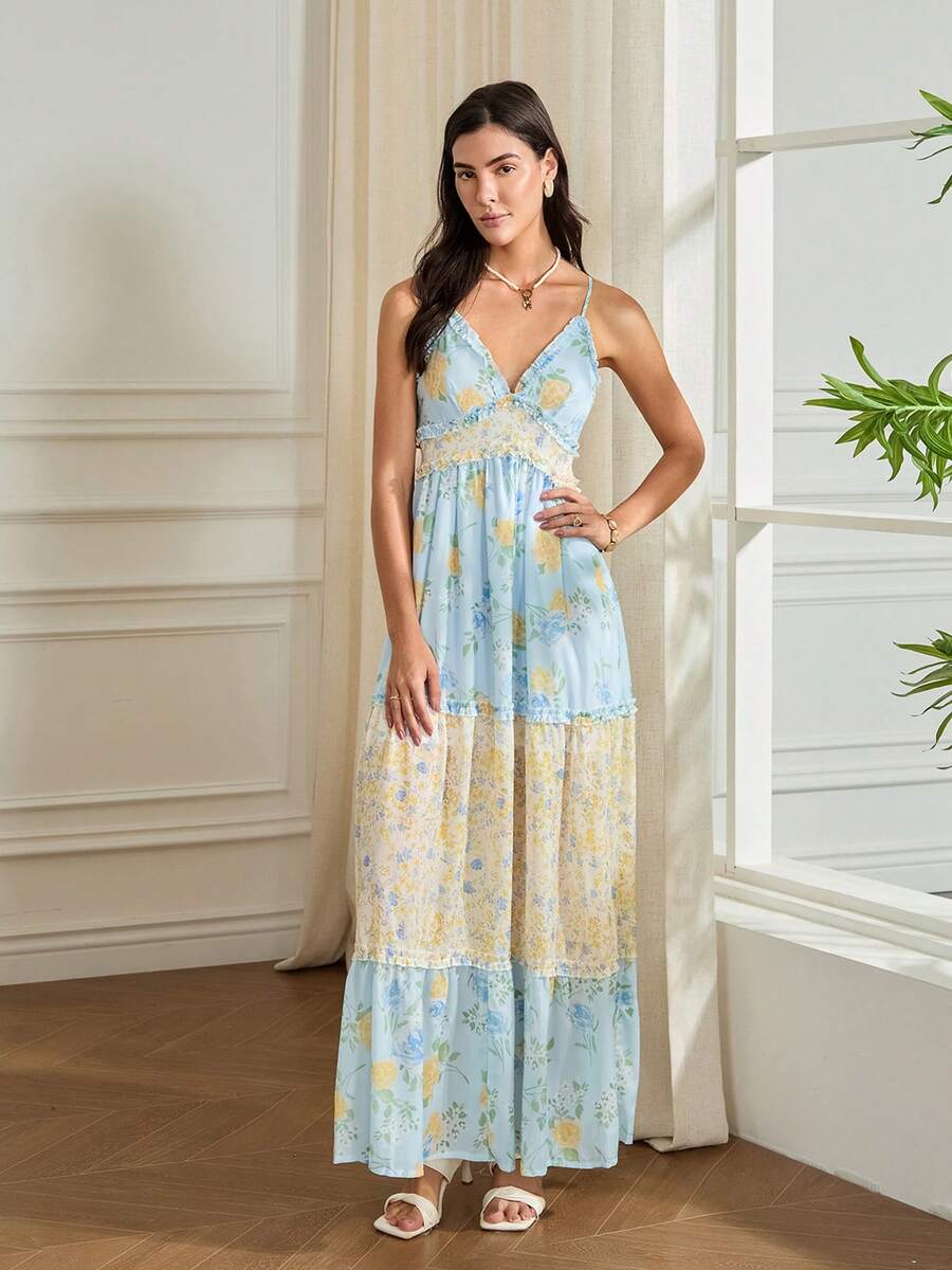 Floral Print Cami backless V Neck A Line Maxi Dress - Blue