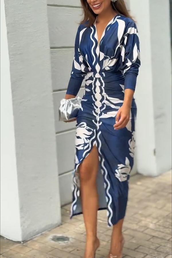 Unique Print Dolman Long Sleeve Ruched Slit Midi Dress - OWNCI Unique Print Dolman Long Sleeve Ruched Slit Midi Dress - OWNCI