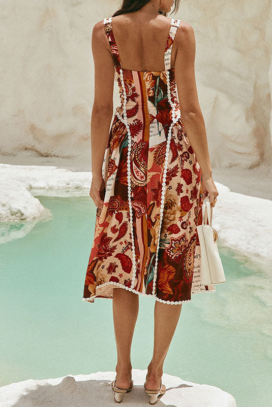 Pandora Spaghetti Strap Lace Linen Patchwork Midi Dress
