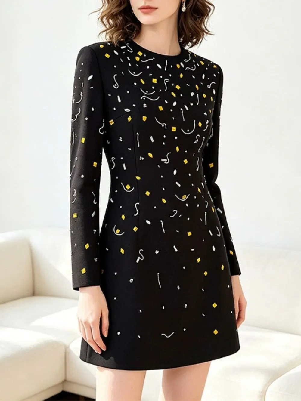 Malini Black Diamante Long Sleeve Mini Dress