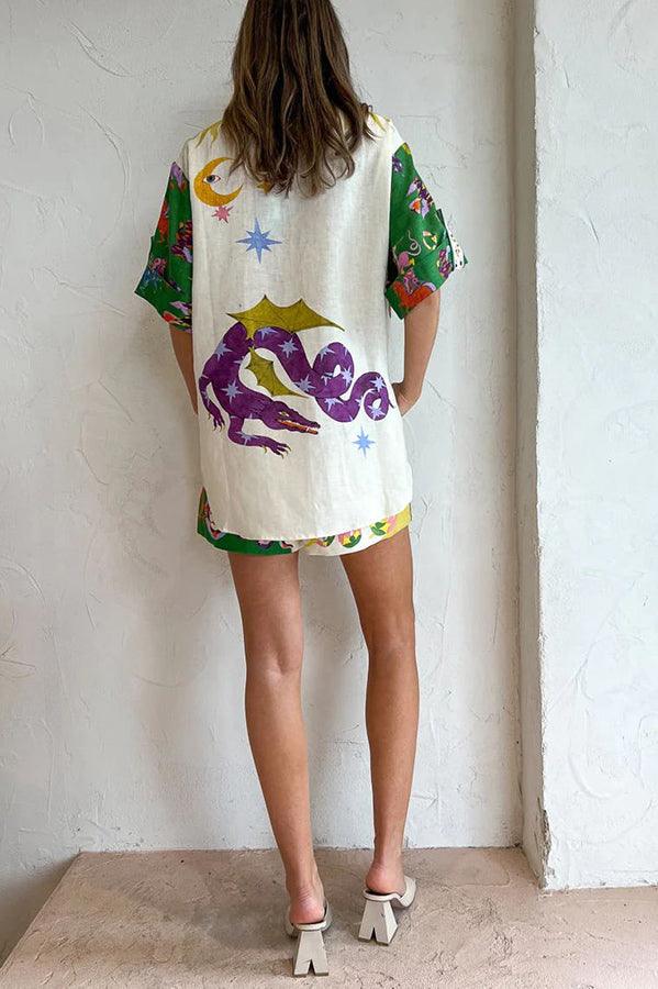 Days of Heaven Linen Blend Unique Print Blouse and Elastic Waist Pocketed Shorts Set - OWNCI