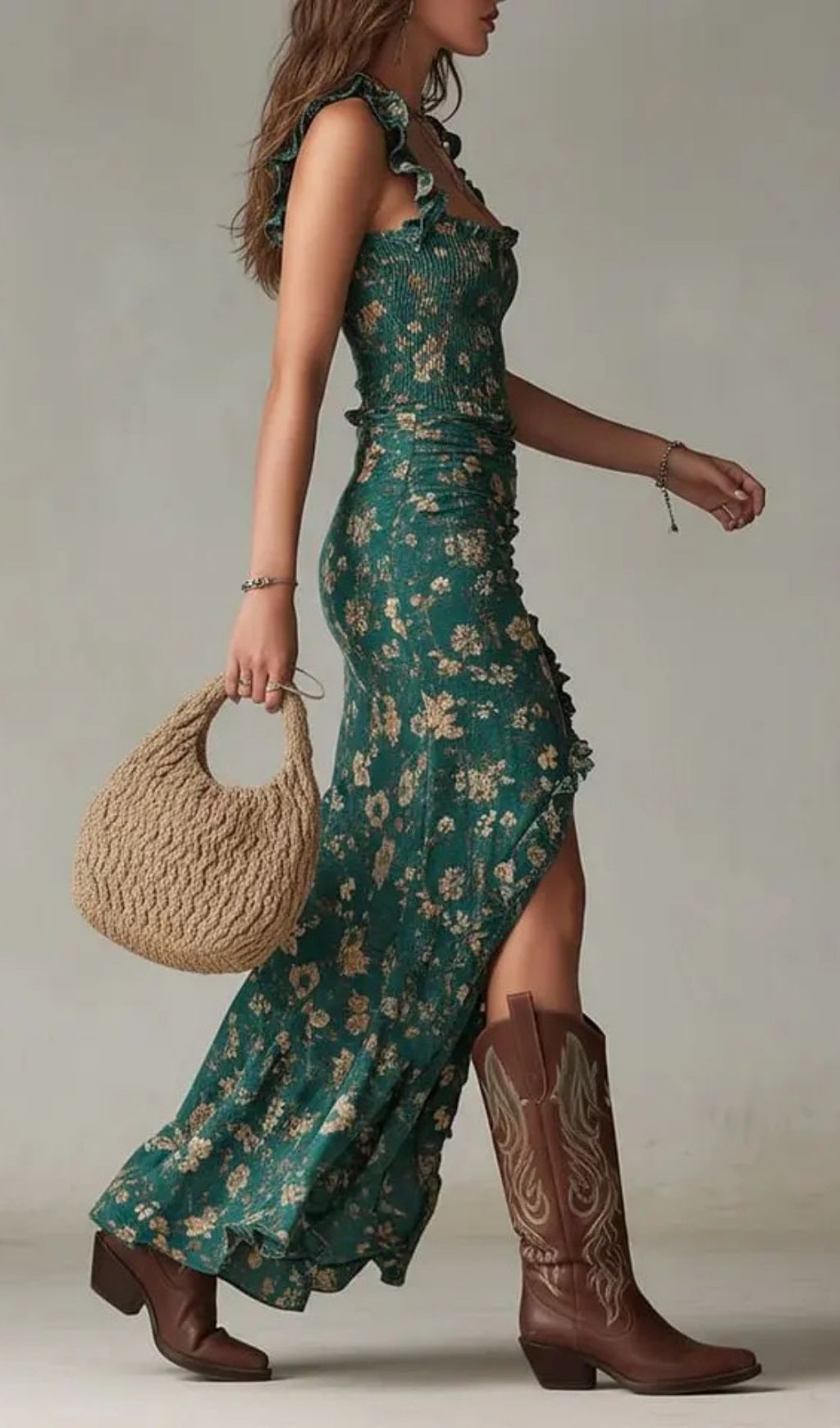 01ad2a88ae0ecde014c78200bdc56f4e.jpg Fashionslee Women Bohemian Green Printed Maxi Dress with Ruffled Sleeves