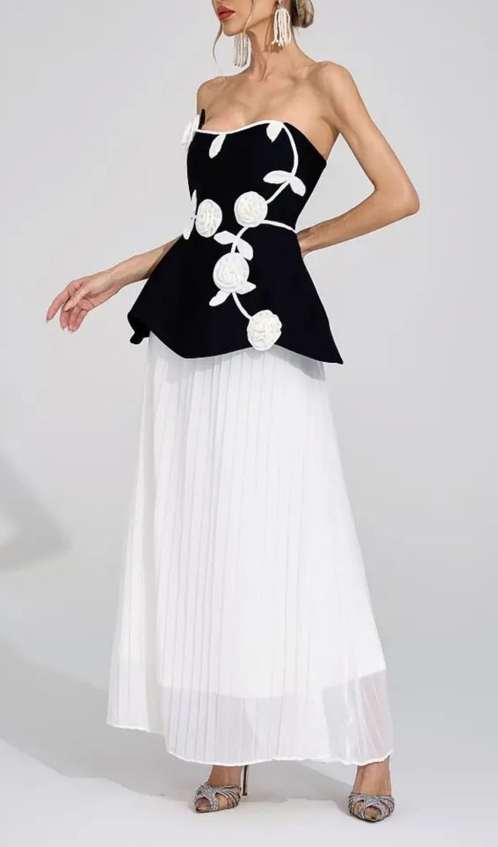 Mignon Black White Floral Strapless Maxi Dress