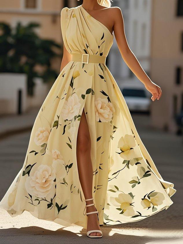 01b83aa0598a58381816c0793efb2abd Light Green Floral Ruched One Shoulder A-Line Maxi Chiffon Dress
