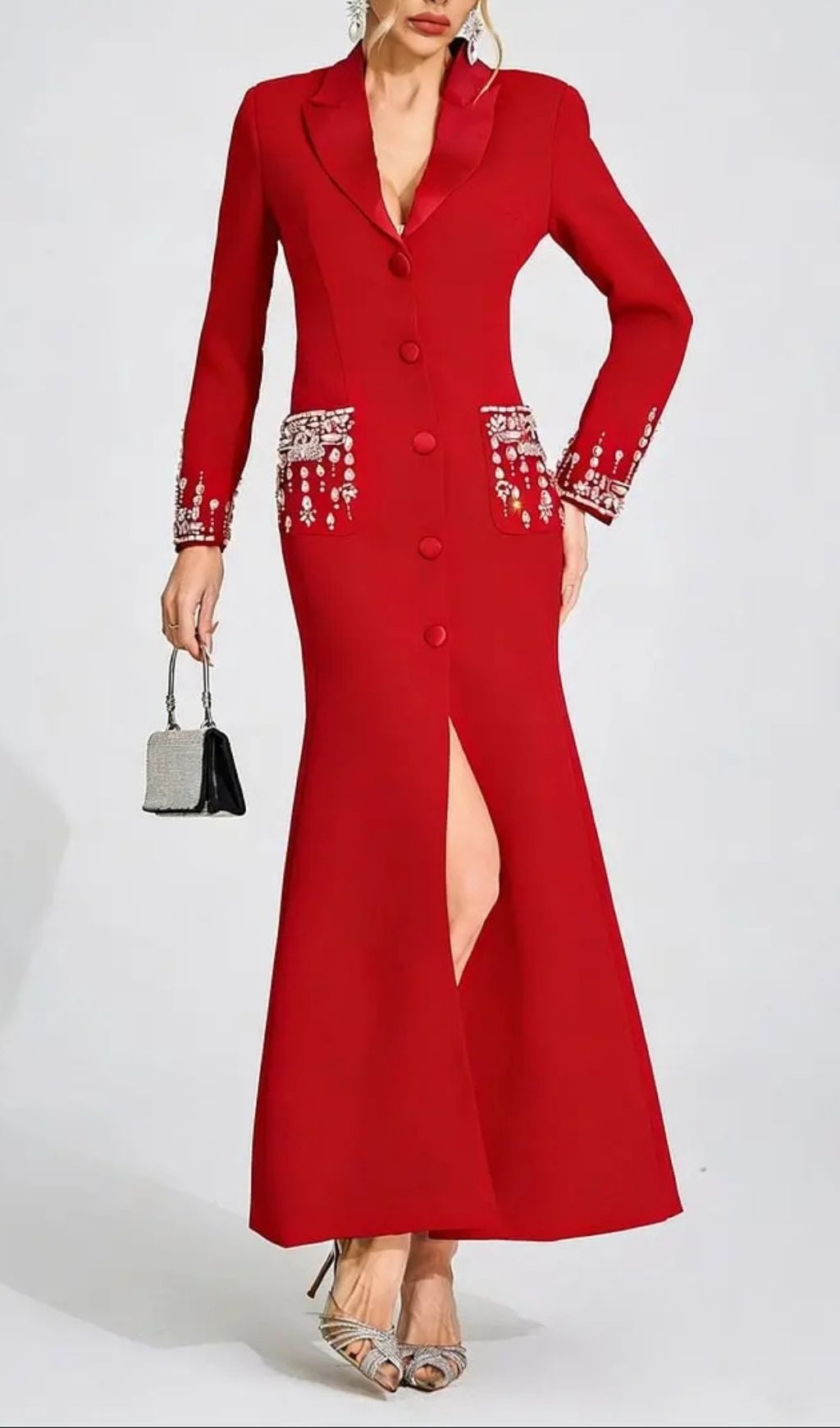Simona Red Diamond Embellished Maxi Dress