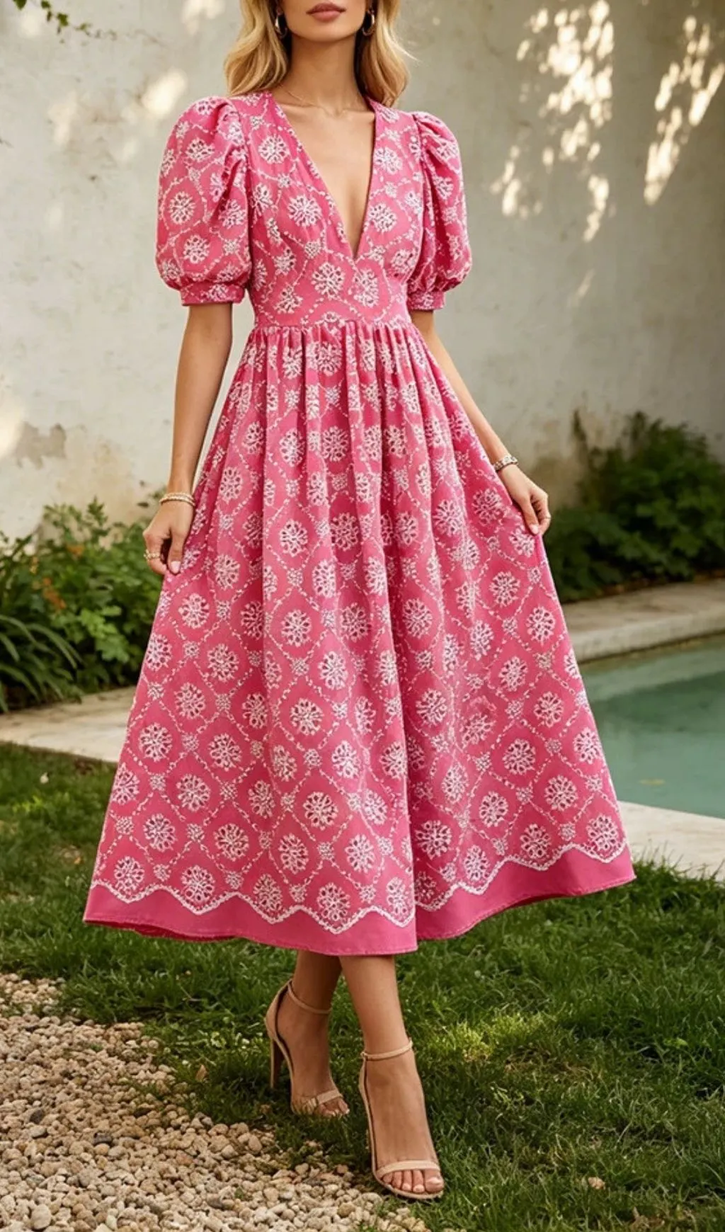 Fashionslee Women Magnolia Pink V-Neck Puff-Sleeve Midi Dress