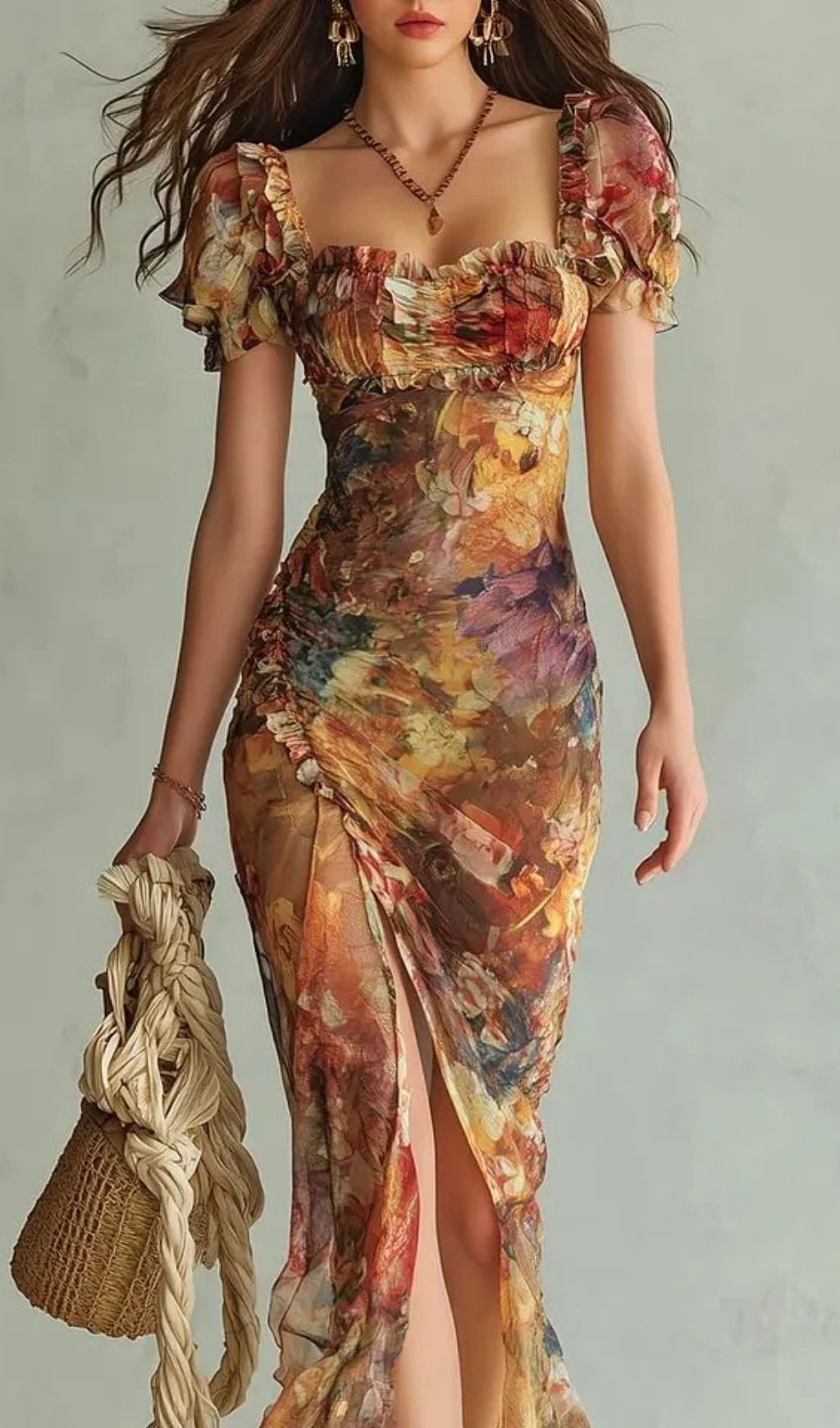 023237b59283a2791bbf58329e7019da.jpg Fashionslee Women Orange Bohemian Holiday Oil Painting Print Chiffon Maxi Dress