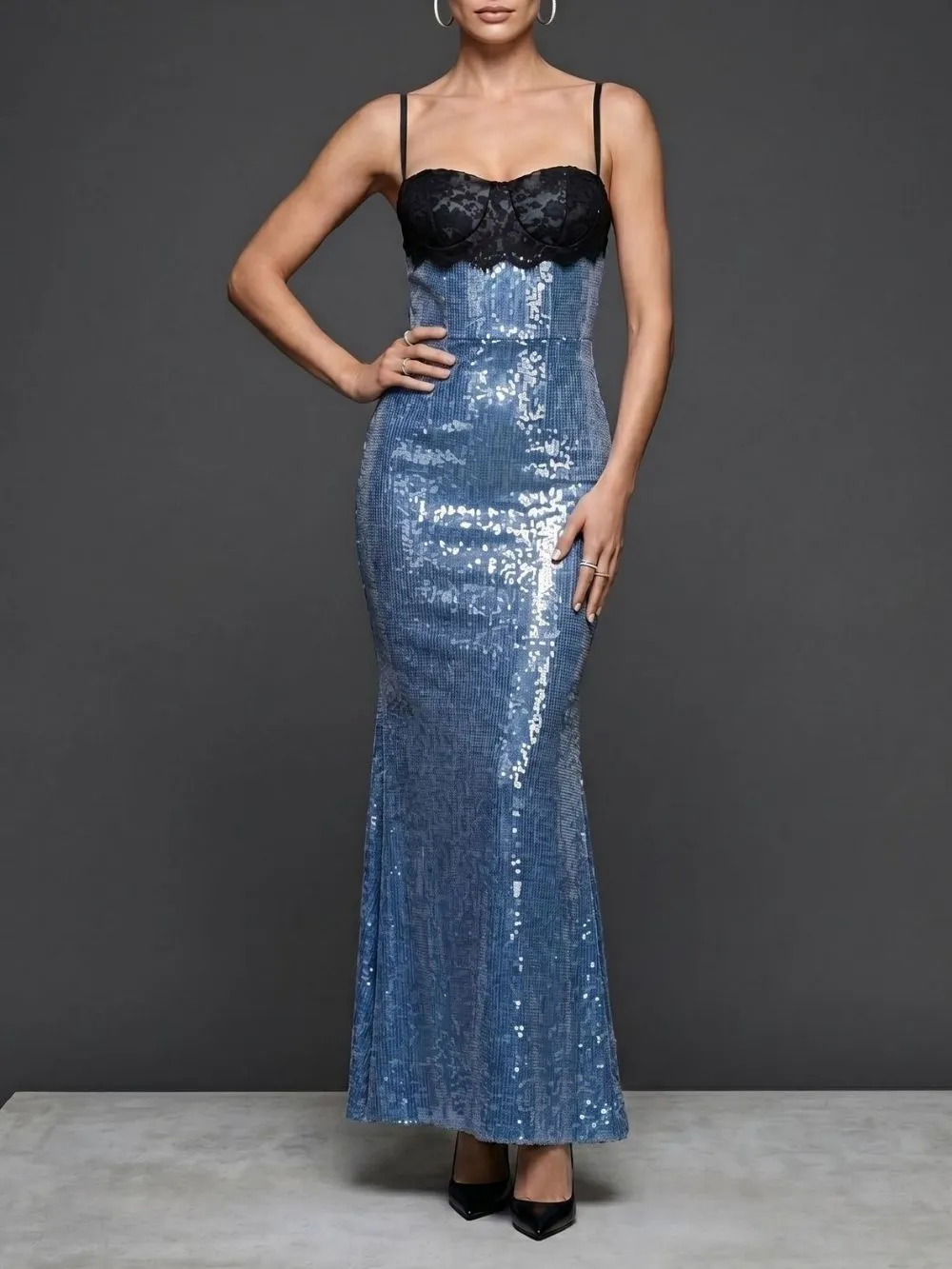 MAELIE BLUE SEQUIN STRAPLESS MAXI DRESS FOR PARTY