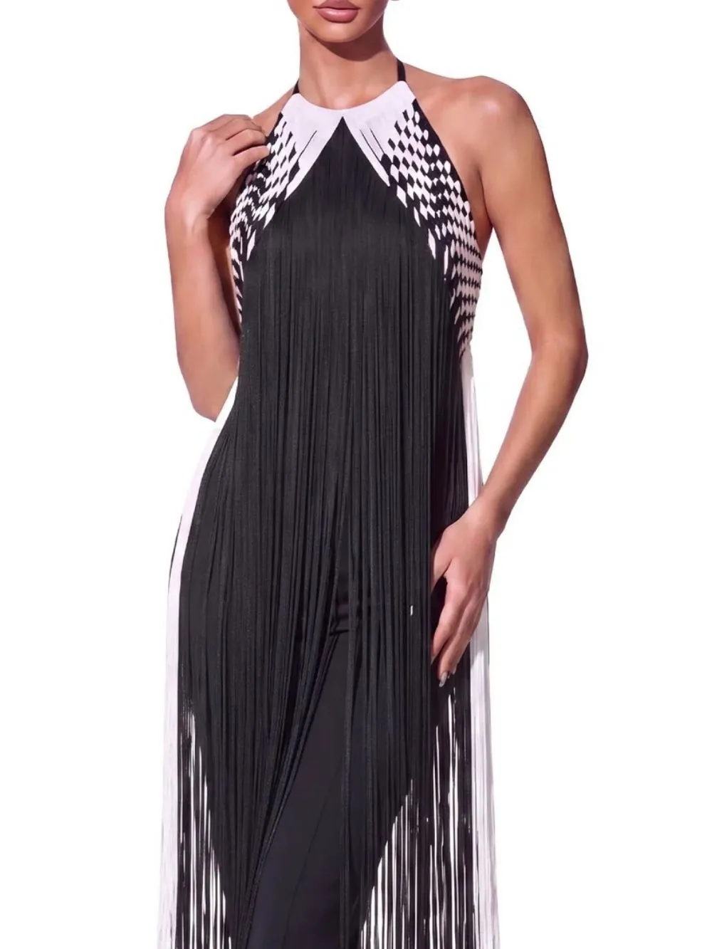 Pyrune Halterneck Fringe Midi Dress - OWNCI