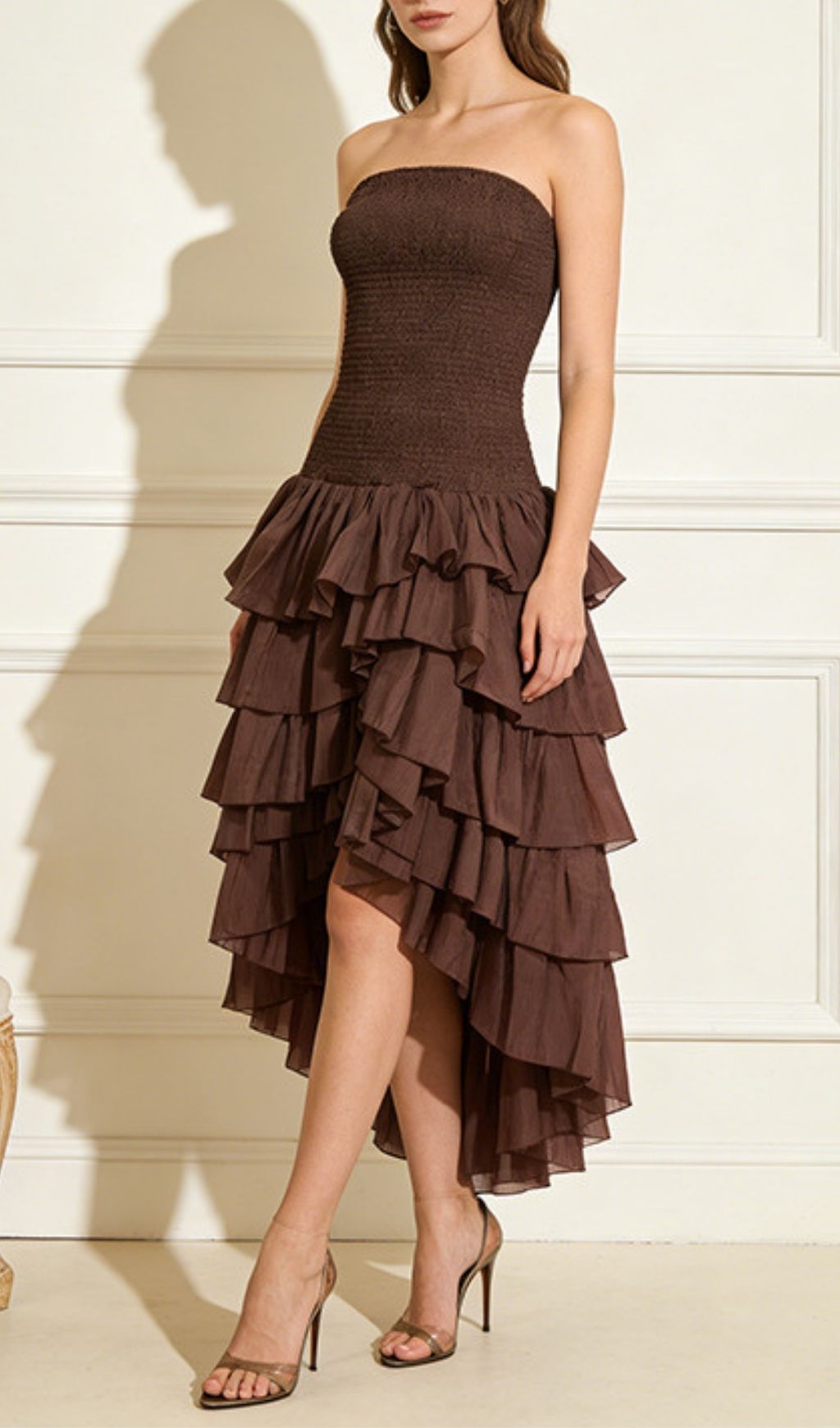 Fashionslee Women Lesia Brown Strapless Ruffle Layered Midi Dress