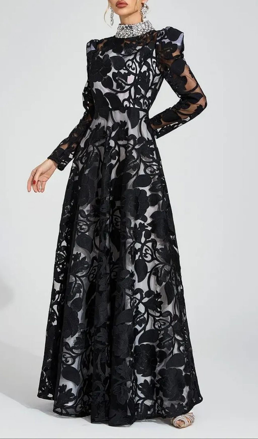 Sheila Black Diamond Embroidered Tulle Maxi Dress