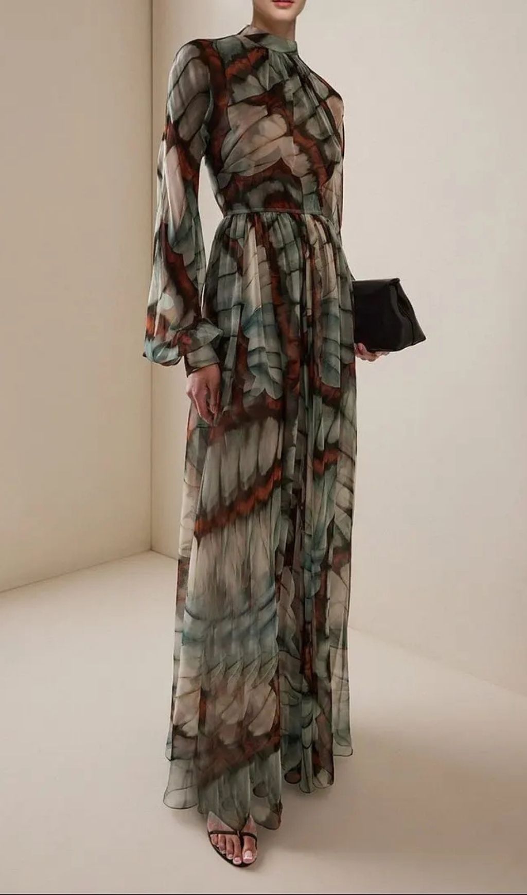 Abstract Butterfly Print Chiffon Maxi Dress