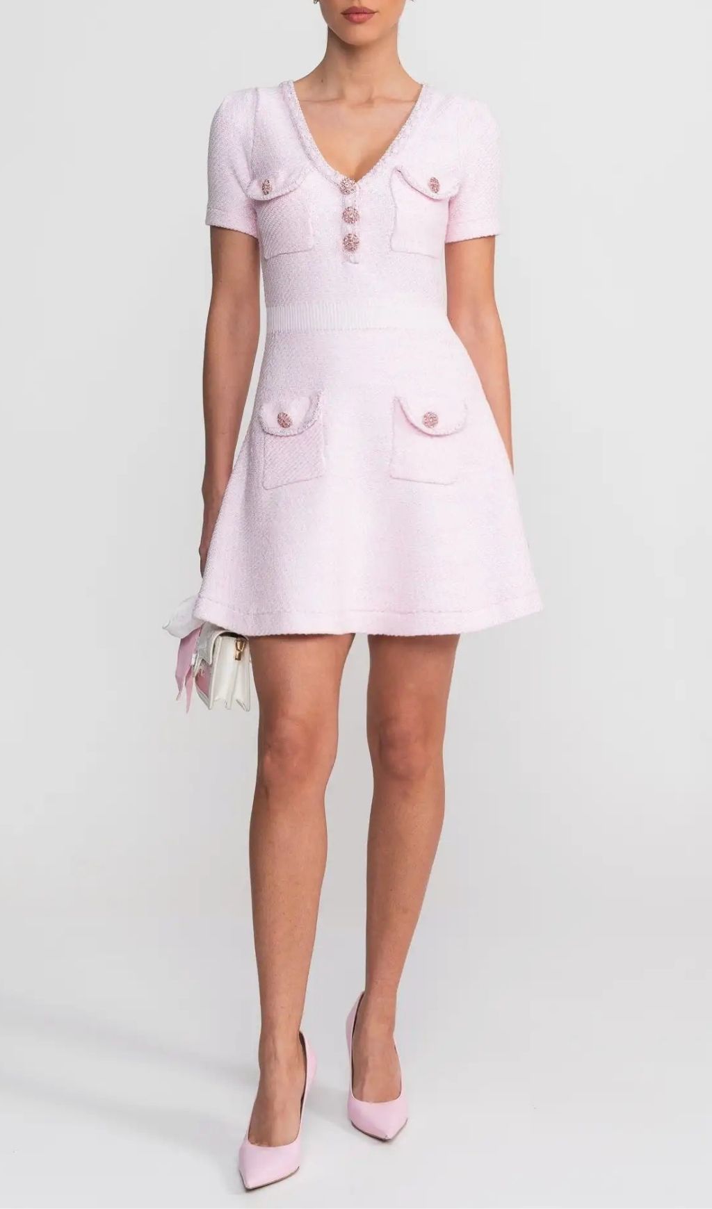 03297418003a4b30b432f5fb68cb59d8 Sandra Textured Mini Dress With V-Neckline And Jewel Buttons - Pink