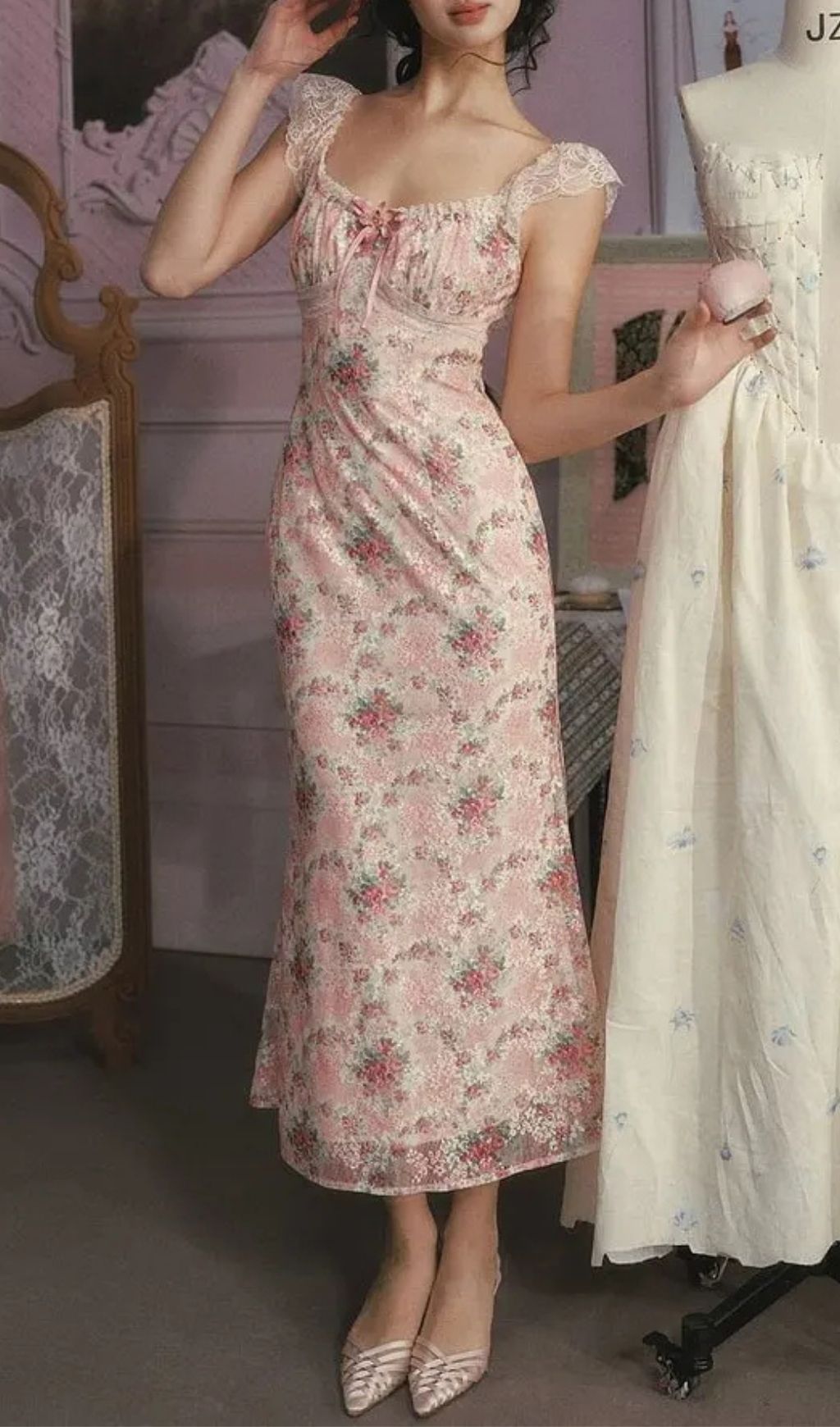 Julie Floral Print Lace Trim Midi Dress - Pink