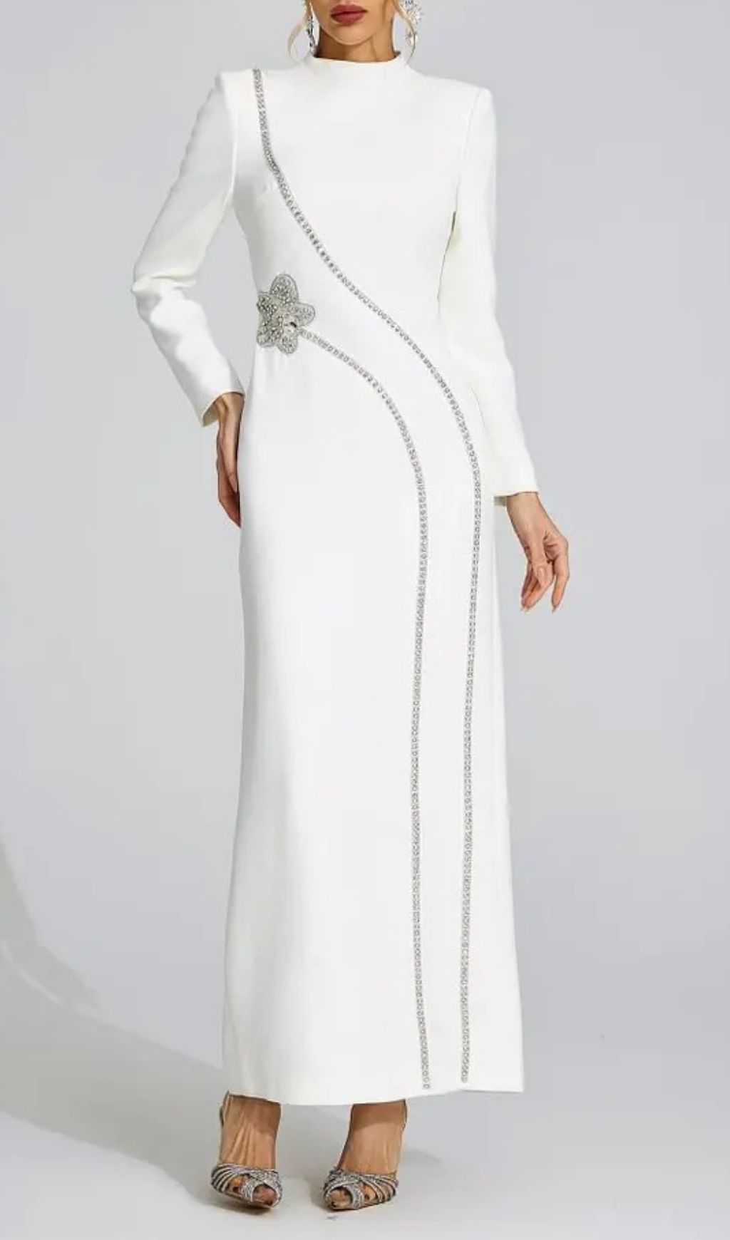 Nicola Diamond Embellished Long Sleeve Maxi Dress - White