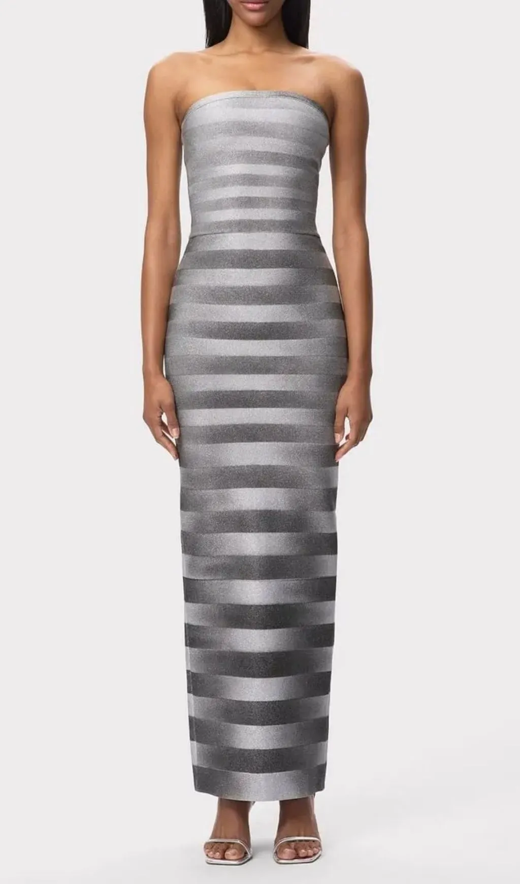 Janice Grey Stripes Bling Detail Bandage Maxi Dress In Silver
