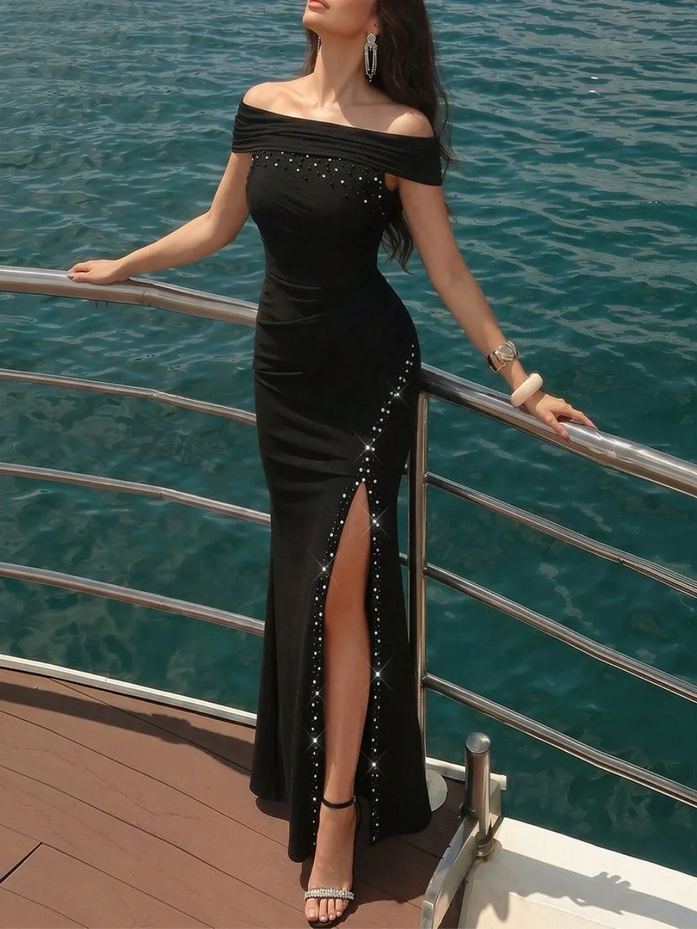 Manal Black Off-Shoulder Diamante Slit Maxi Dress