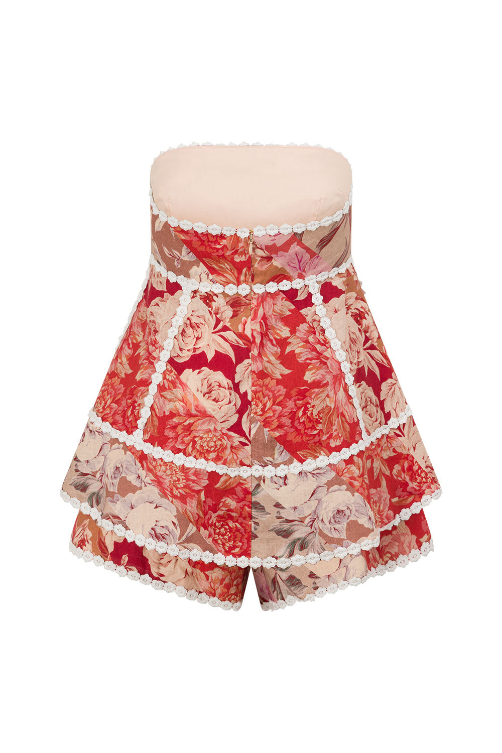 Linen Lace-Trim Print Strapless Top Shorts Set – Red - OWNCI Linen Lace-Trim Print Strapless Top Shorts Set – Red - OWNCI