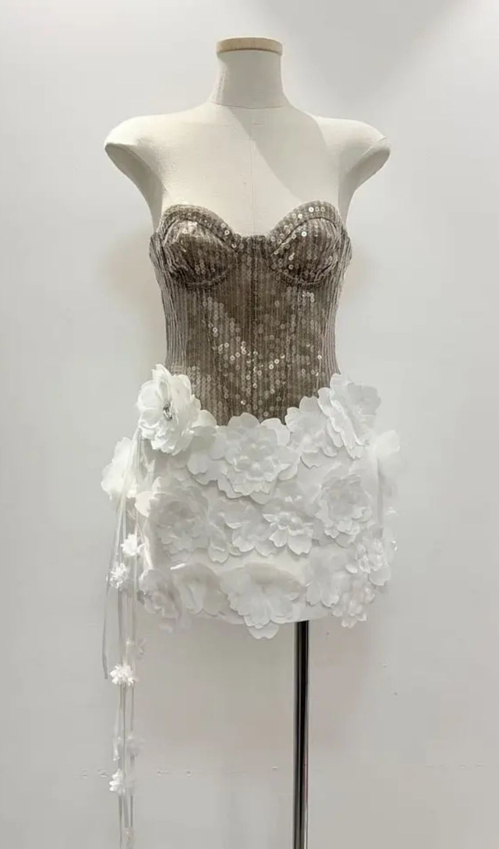 Kelly Sequin 3d Flower Patchwork Mini Dress - Champagne & White