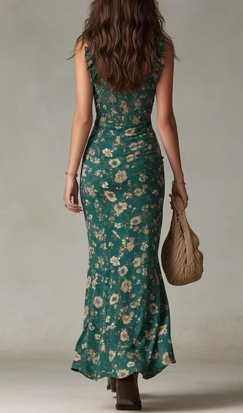 Fashionslee Women Bohemian Green Printed Maxi Dress with Ruffled Sleeves