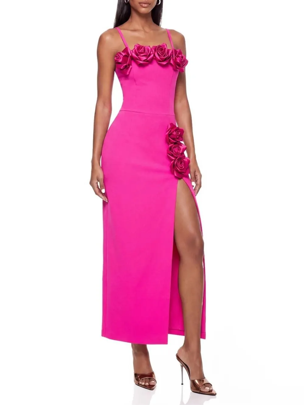 Maiara Pink Flower Embellished Midi Dress - OWNCI