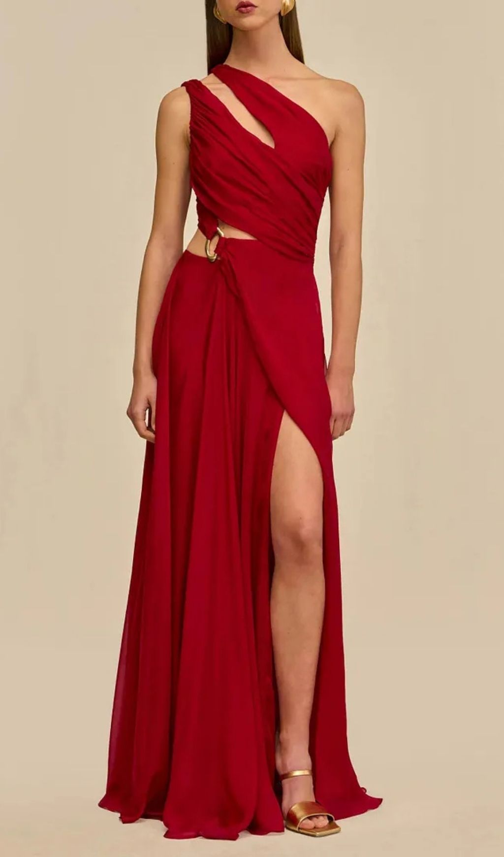 Agatha One Shoulder Draped High Slit Silk Gown In Red