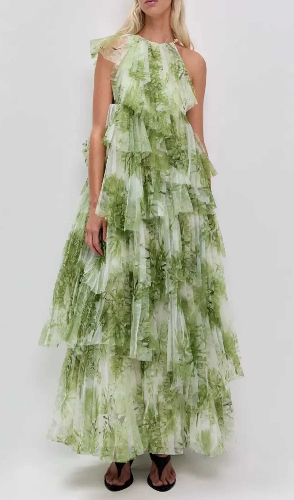 Claire Green Floral Print Pleated Layer Maxi Dress