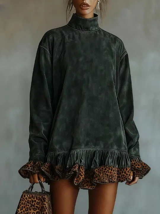 Turtleneck Suede Leopard Print Paneled Hem Mini Dress