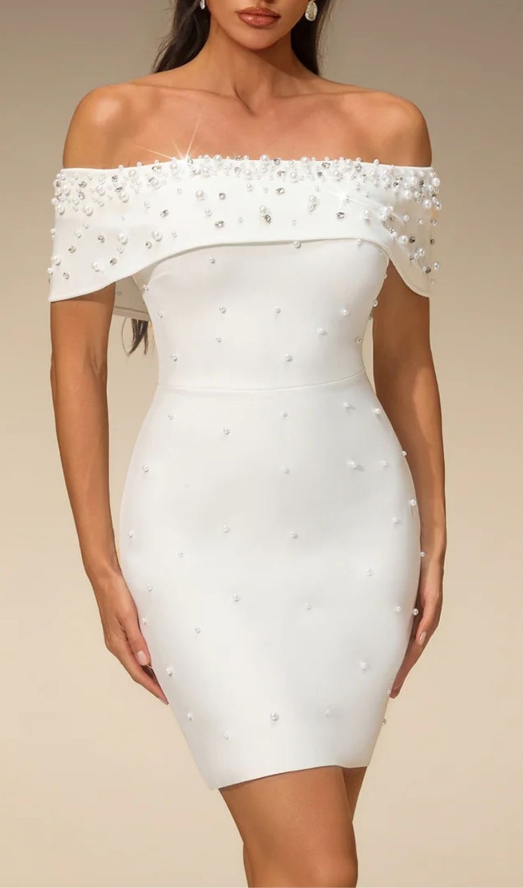 Fashionslee Women Everild Off Shoulder Pearl Bandage Mini Dress
