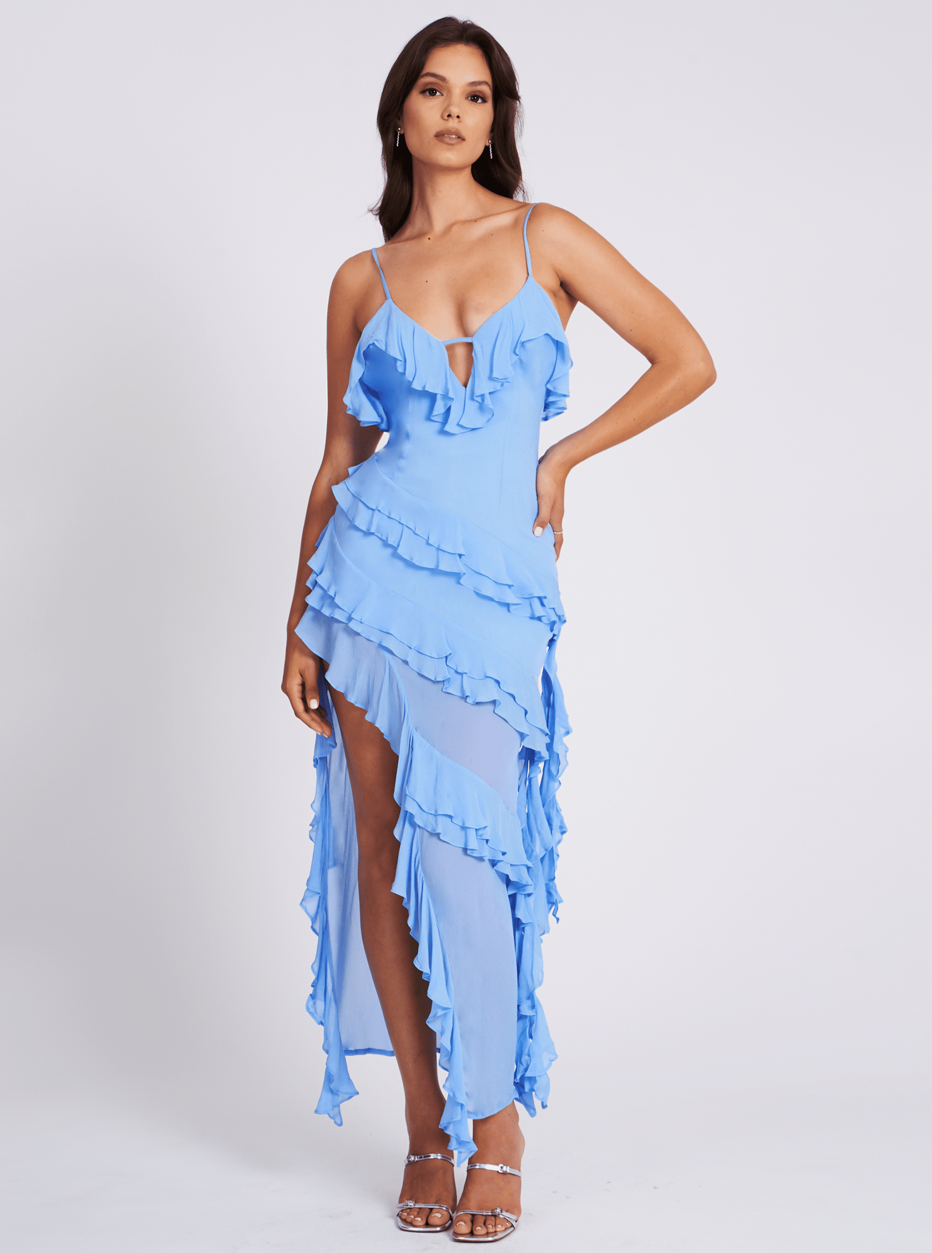 Ruffle Cut Out Asymmetric Maxi Dress - Blue