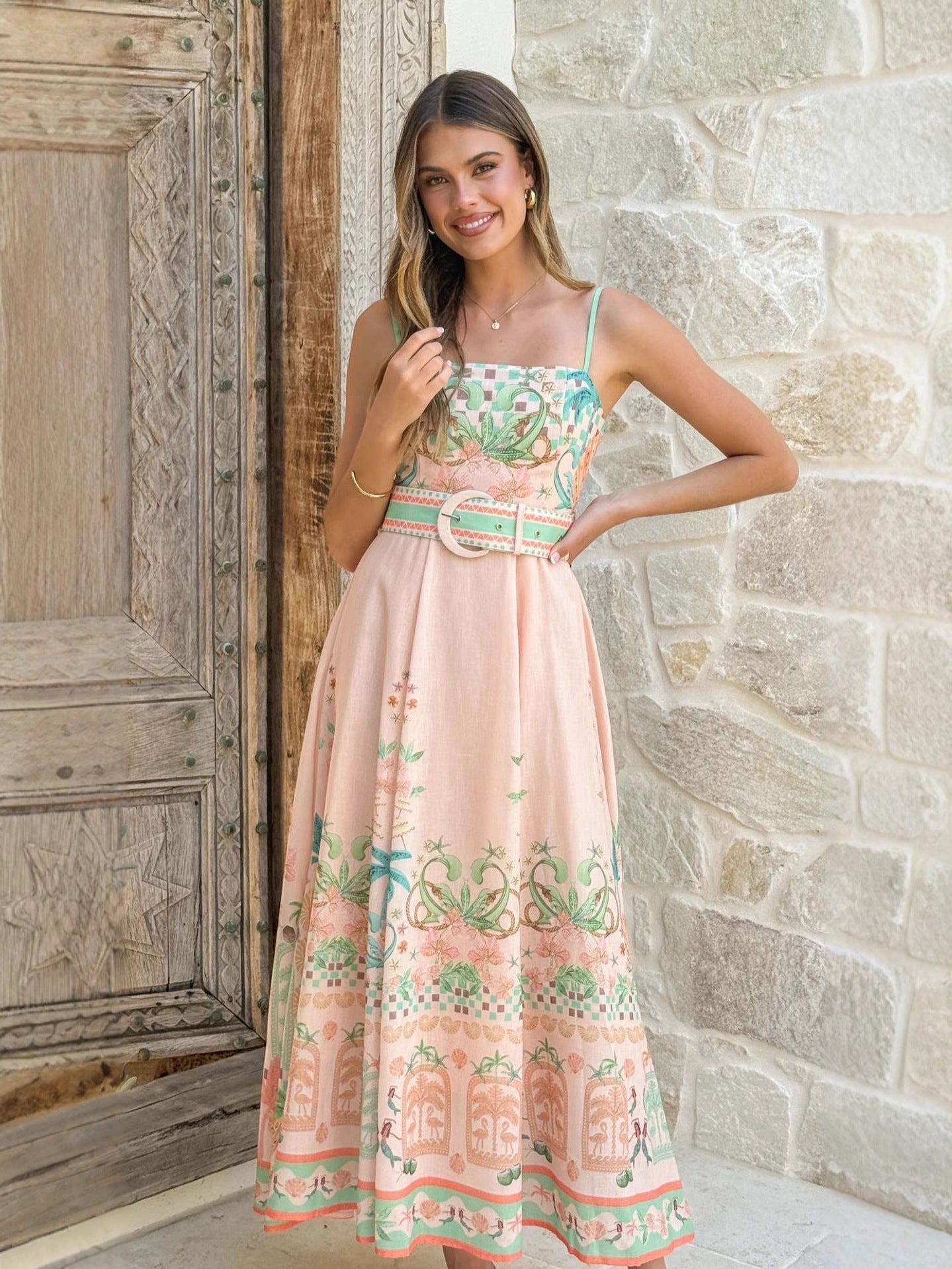 Pink Large Swing Floral Linen Sleeveless Slip Dress