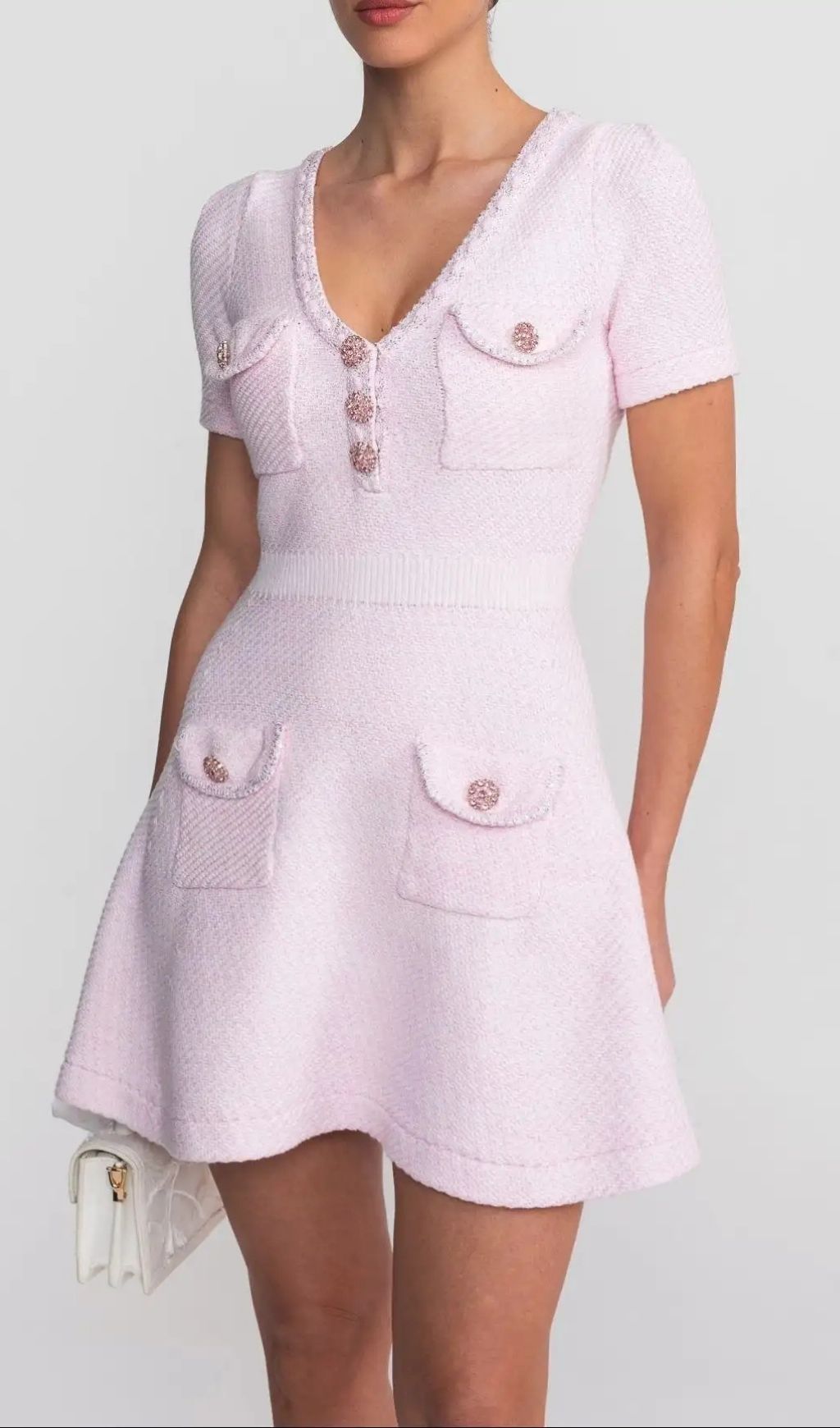 05d893af6fc608ccf422f67bbacf4677 Sandra Textured Mini Dress With V-Neckline And Jewel Buttons - Pink