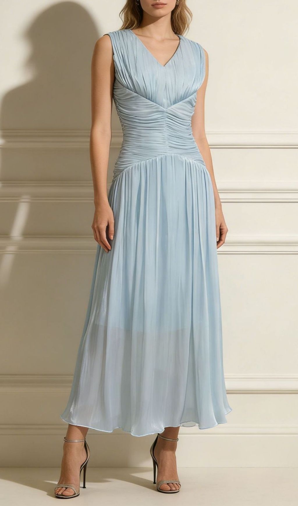 Fashionslee Women Lennon Blue V-Neck Ruched Maxi Dress