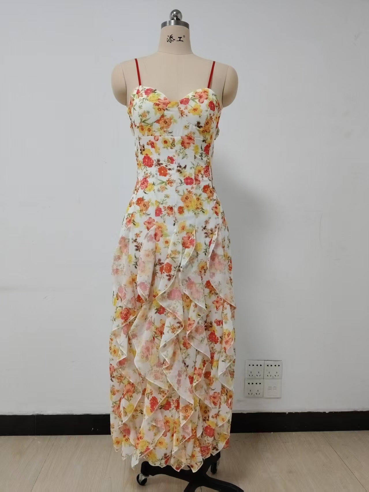 Floral Print Ruffle High Slit Maxi Dress – Red - OWNCI Floral Print Ruffle High Slit Maxi Dress – Red - OWNCI