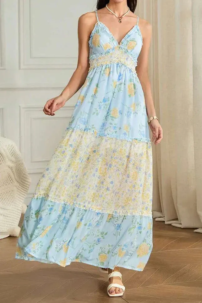Floral Print Cami backless V Neck A Line Maxi Dress - Blue