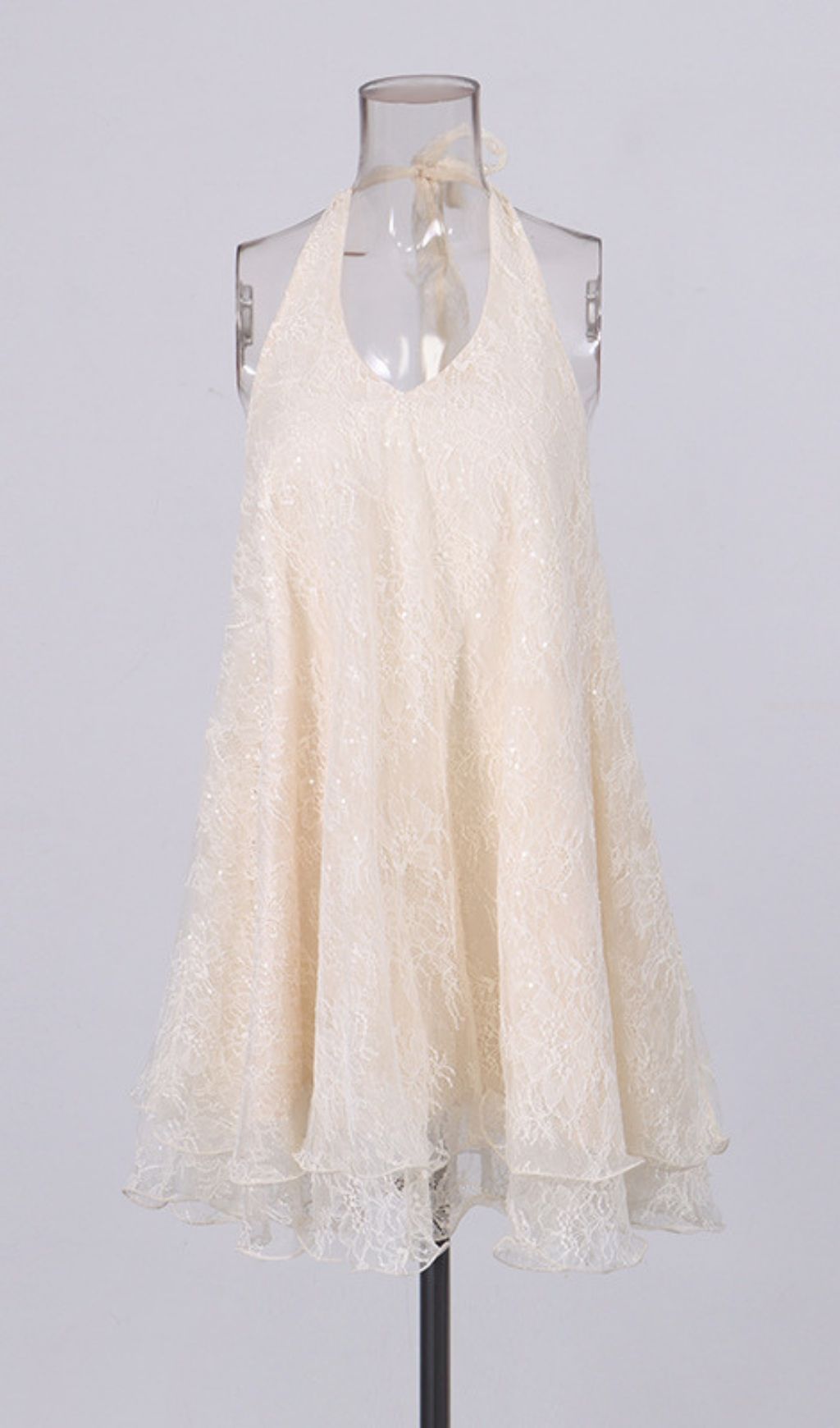 Fashionslee Women Leontine Halter Lace Backless Mini Dress