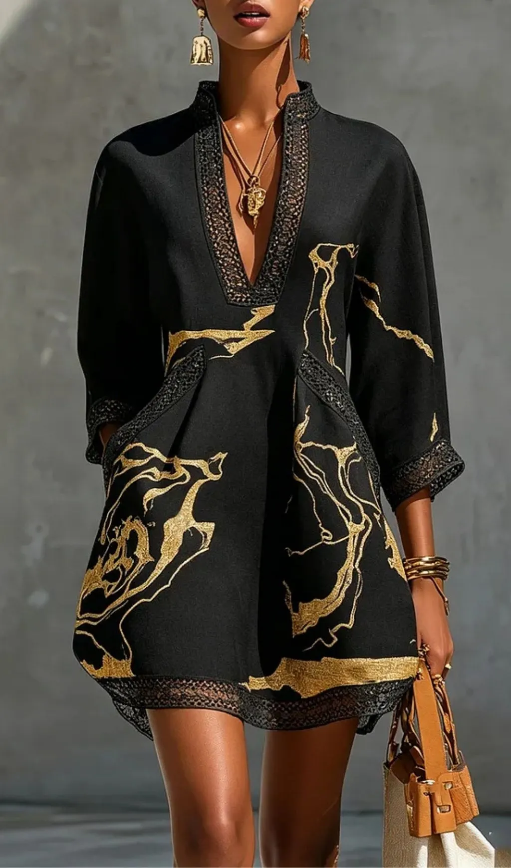 Black Gold Printed V-neck Crochet Lace Mini Dress