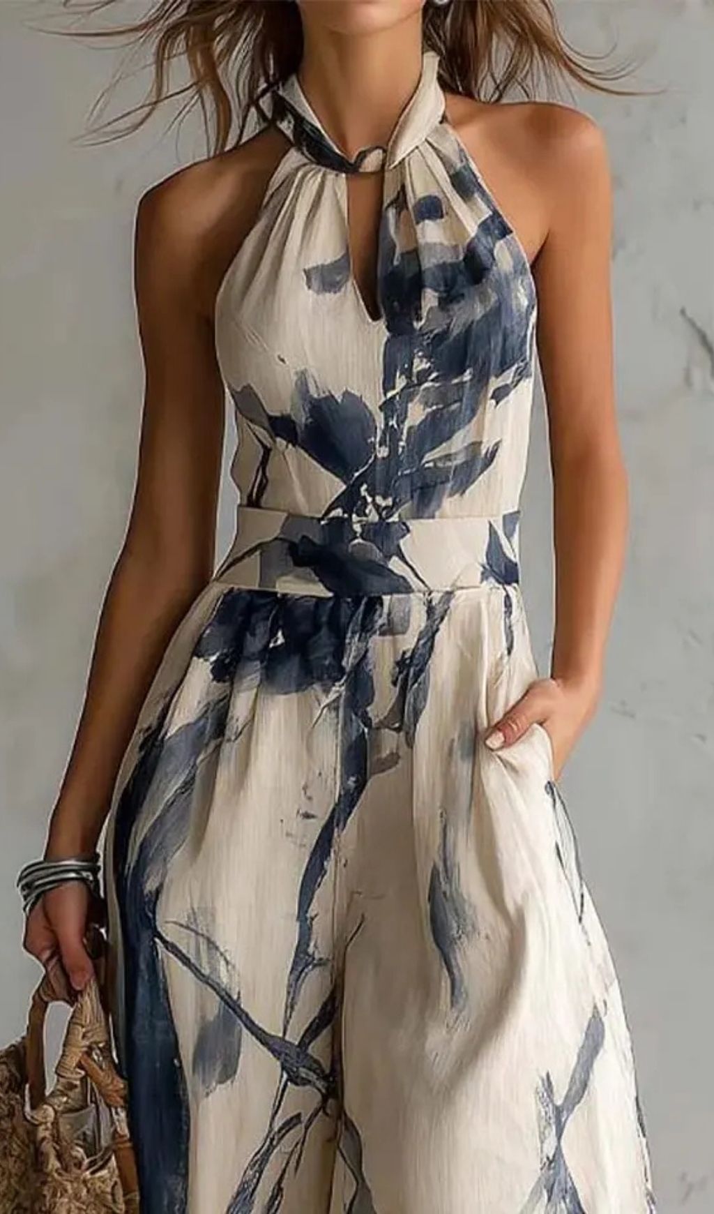 06de3ce6c7a6ca787d0d95207915ccb6.jpg Fashionslee Women Halter Neck Ink Wash Print Wide Leg Jumpsuit With Pockets