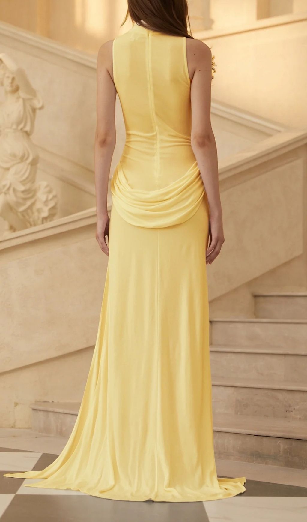 Gryta Yellow Halter Ruched Maxi Dress - gold, textured maxi dress by OWNCI