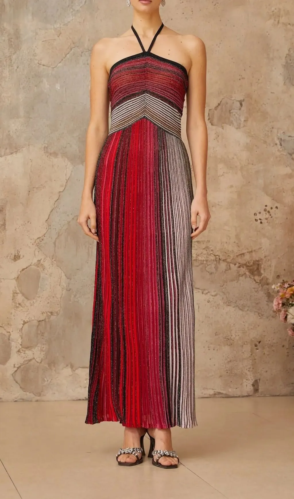 Ulysse Red Metallic Knit Halterneck Maxi Dress