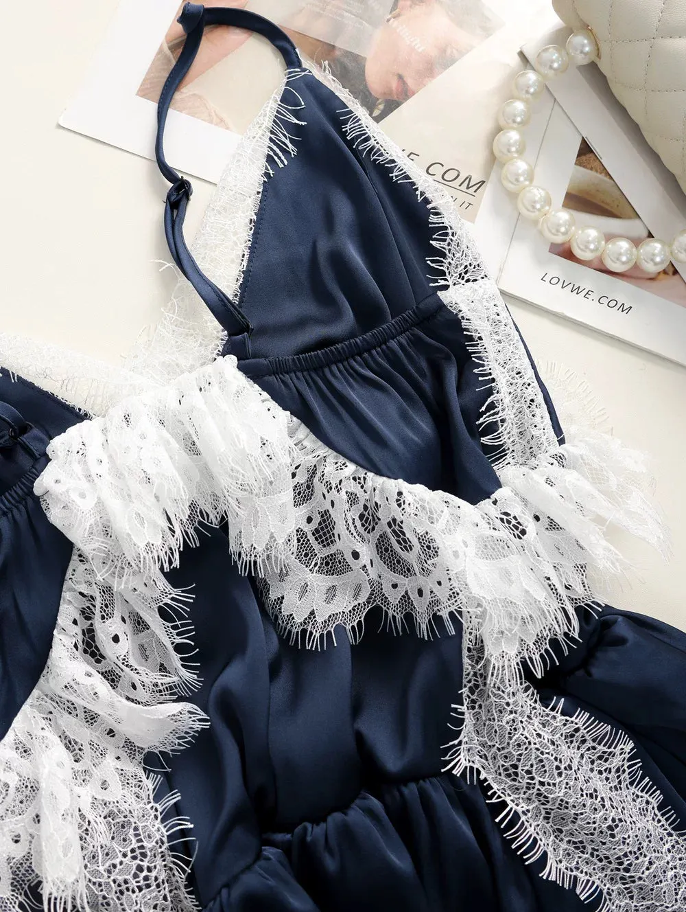 07b051f244e76a77bc78d954c2427855 Navy Spaghetti Strap V-Neck Tiered Lace Fringe Maxi Dress