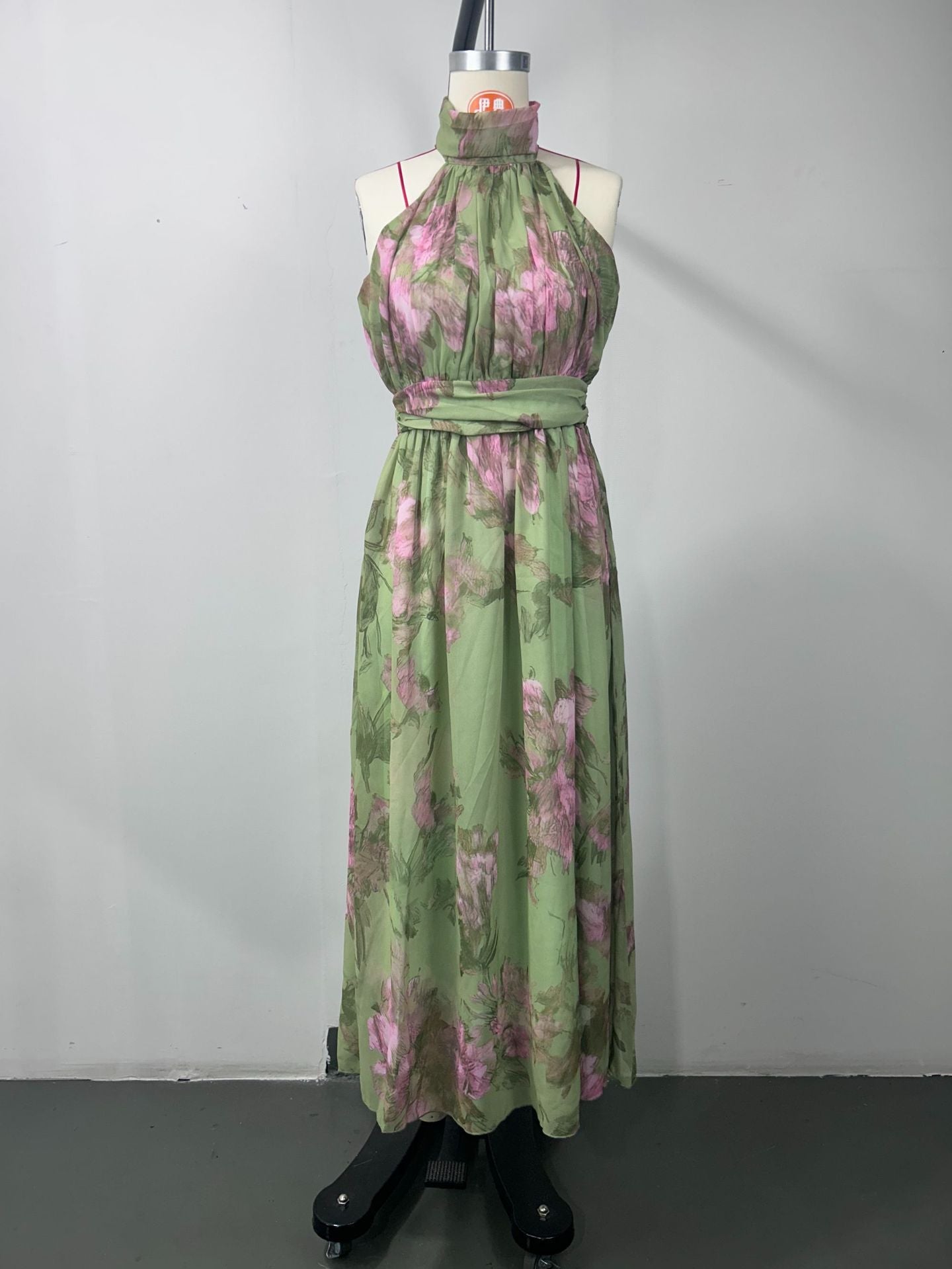 Polly Green Floral Chiffon Halter Maxi Dress - OWNCI