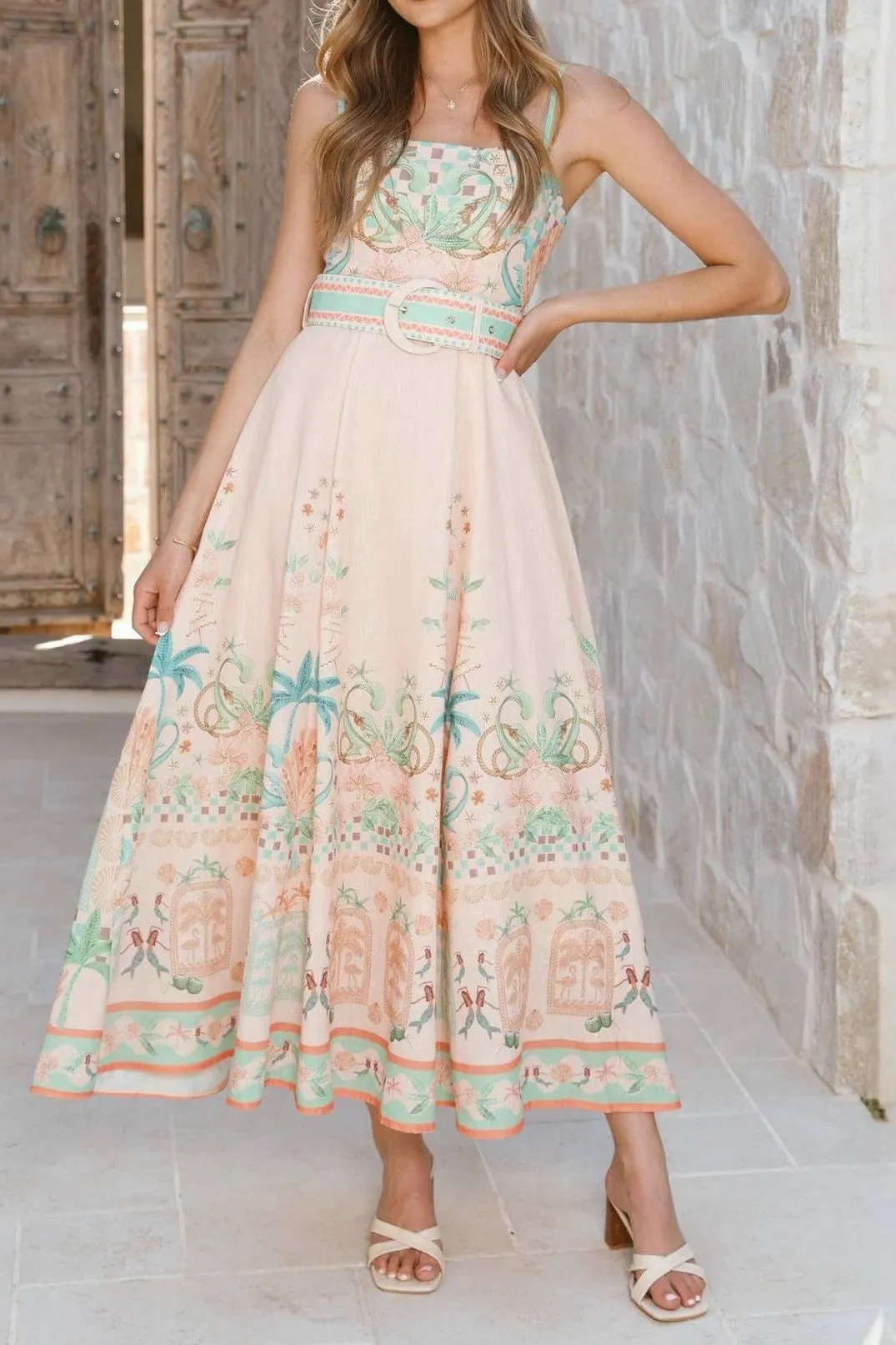 Pink Large Swing Floral Linen Sleeveless Slip Dress