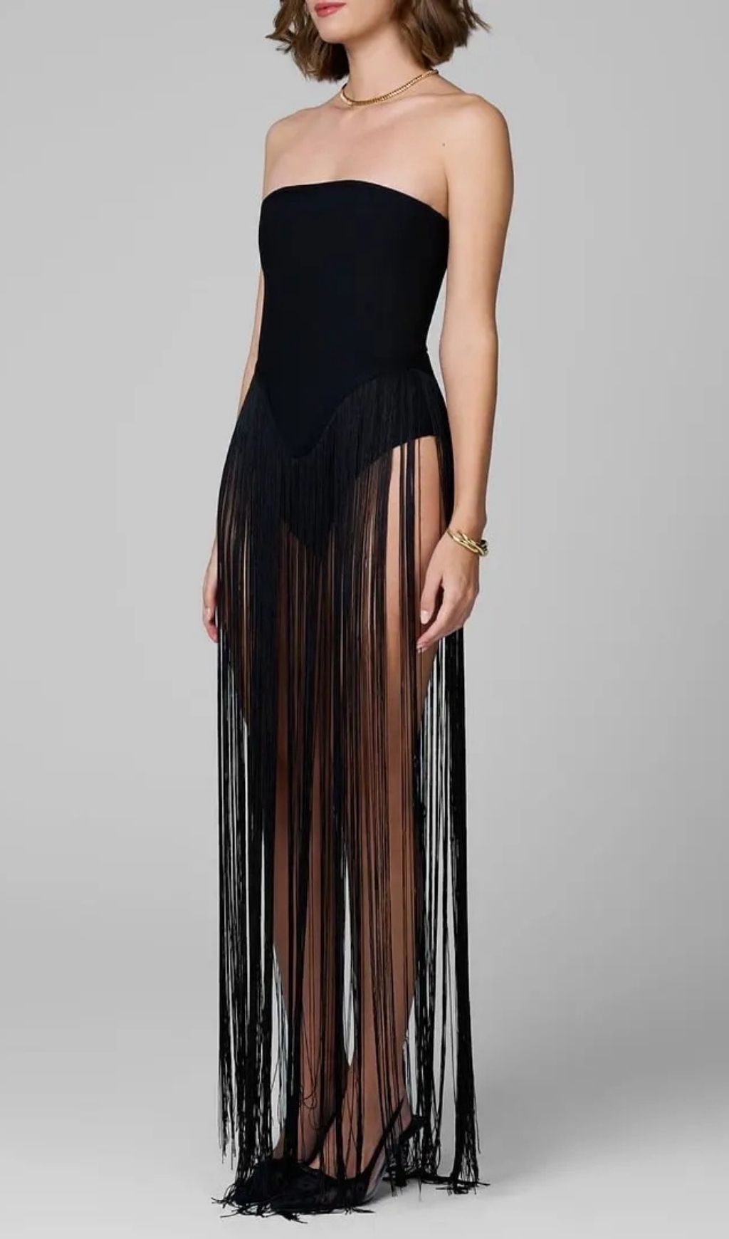 Helen Bodysuit Fringe Strapless Mini Dress In Black