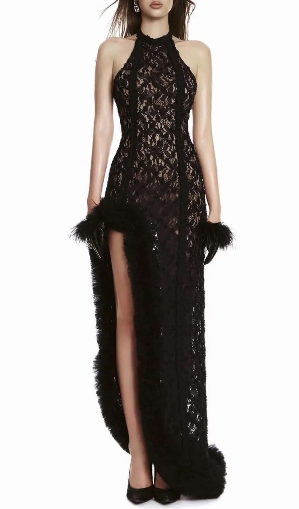 Fashionslee Women Machiko Halter Lace Applique Maxi Dress