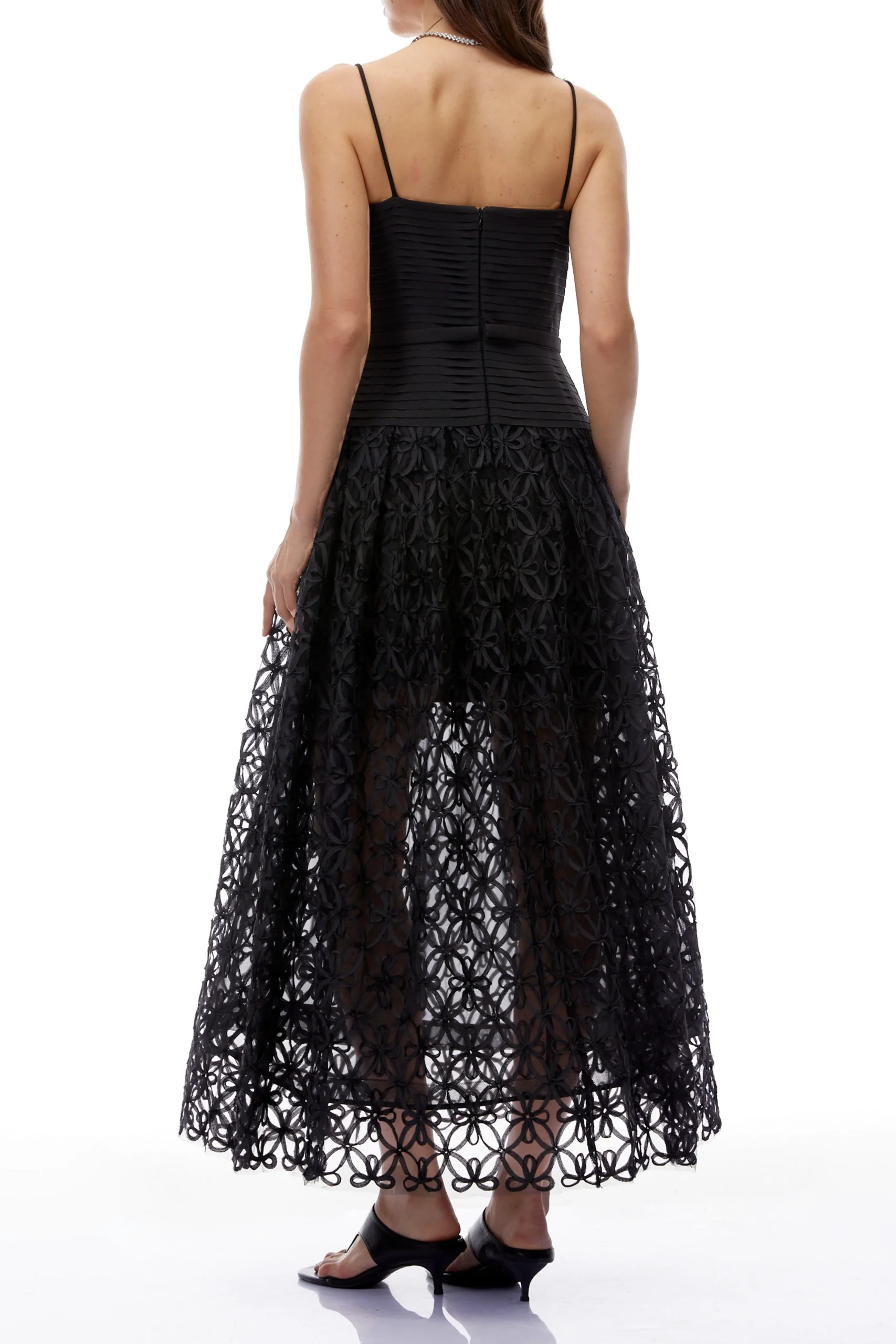 Black Spaghetti Strap Pleated Bodice Floral Cutout Lace Midi Dress