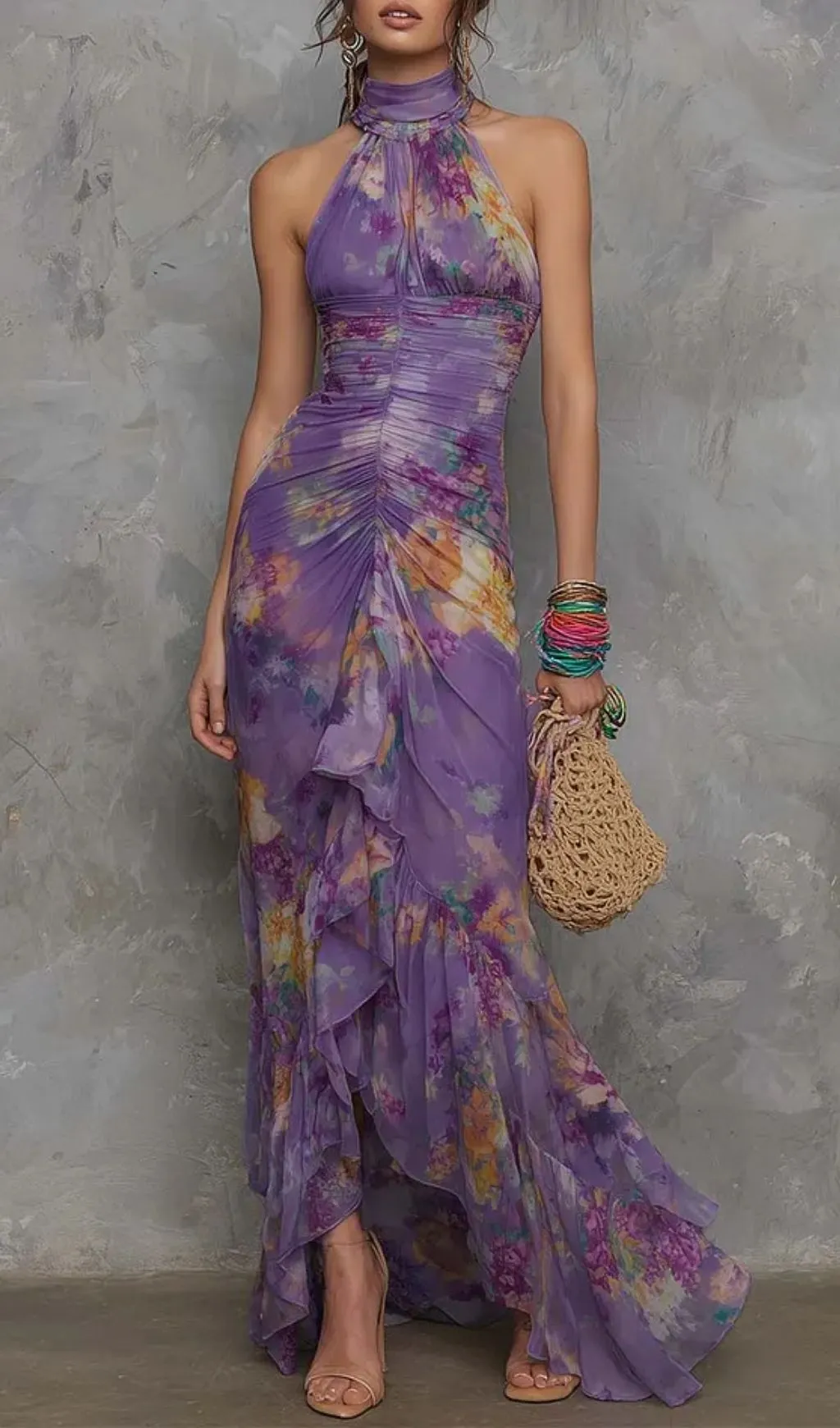 Fashionslee Women Elegant Purple Floral Chiffon Halter Maxi Dress