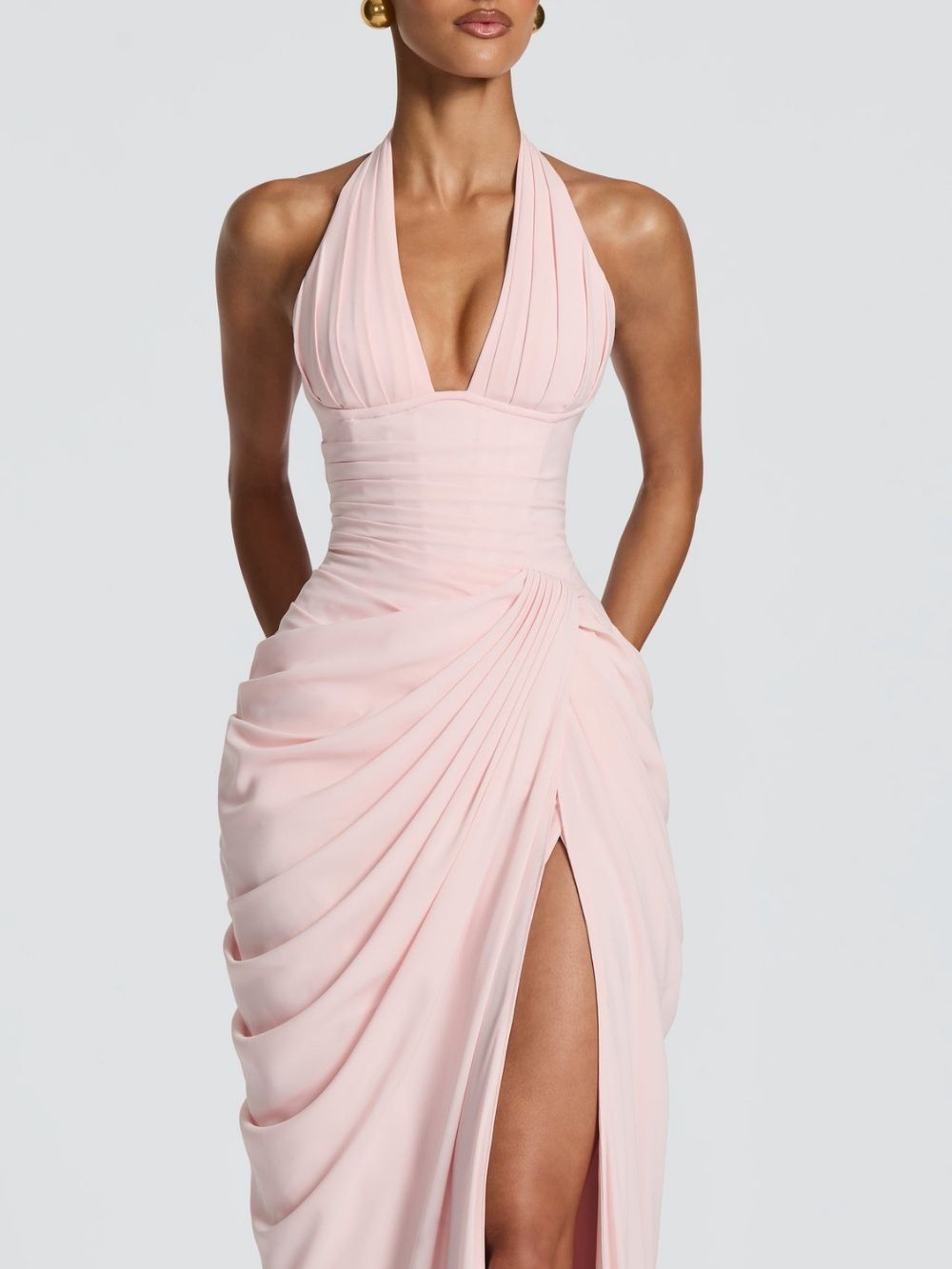 08e3e3677dea78b3451b5c54def786ca Maha Pink Halter Corset Ruched Maxi Dress