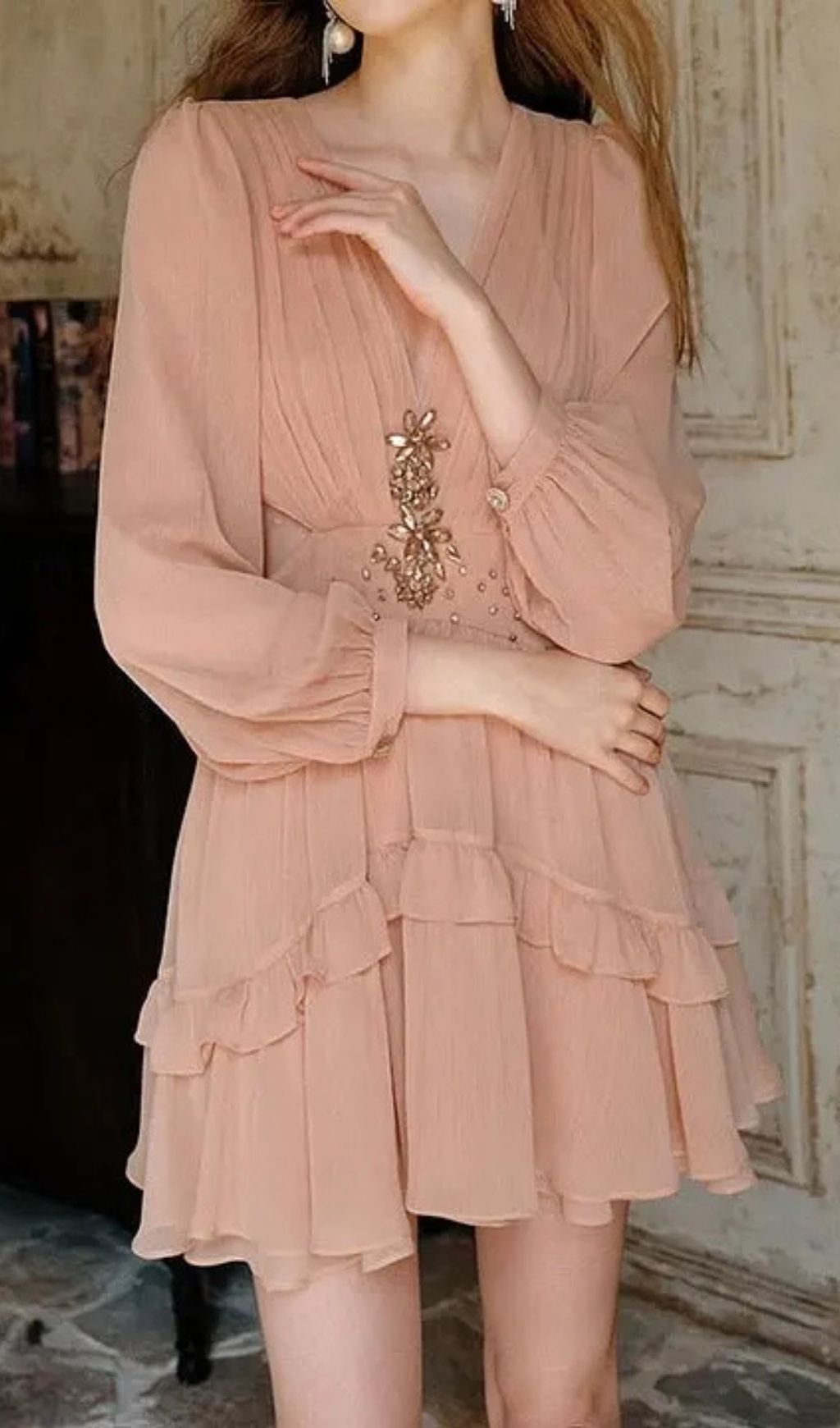 08ef23943164c5100fac1048fd96cafd Jessica Champagne Pink Chiffon Rhinestone Embellished Mini Dress