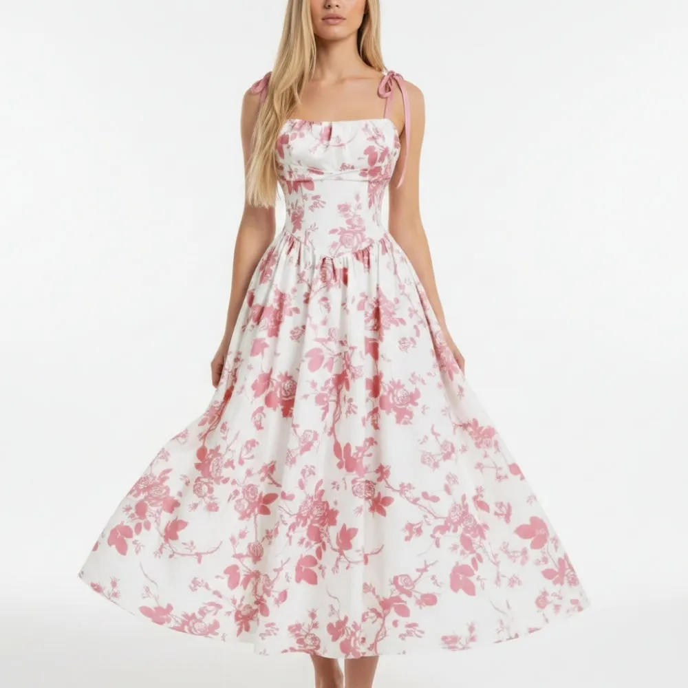 Smocked Floral Square Neck A-line Midi Dress